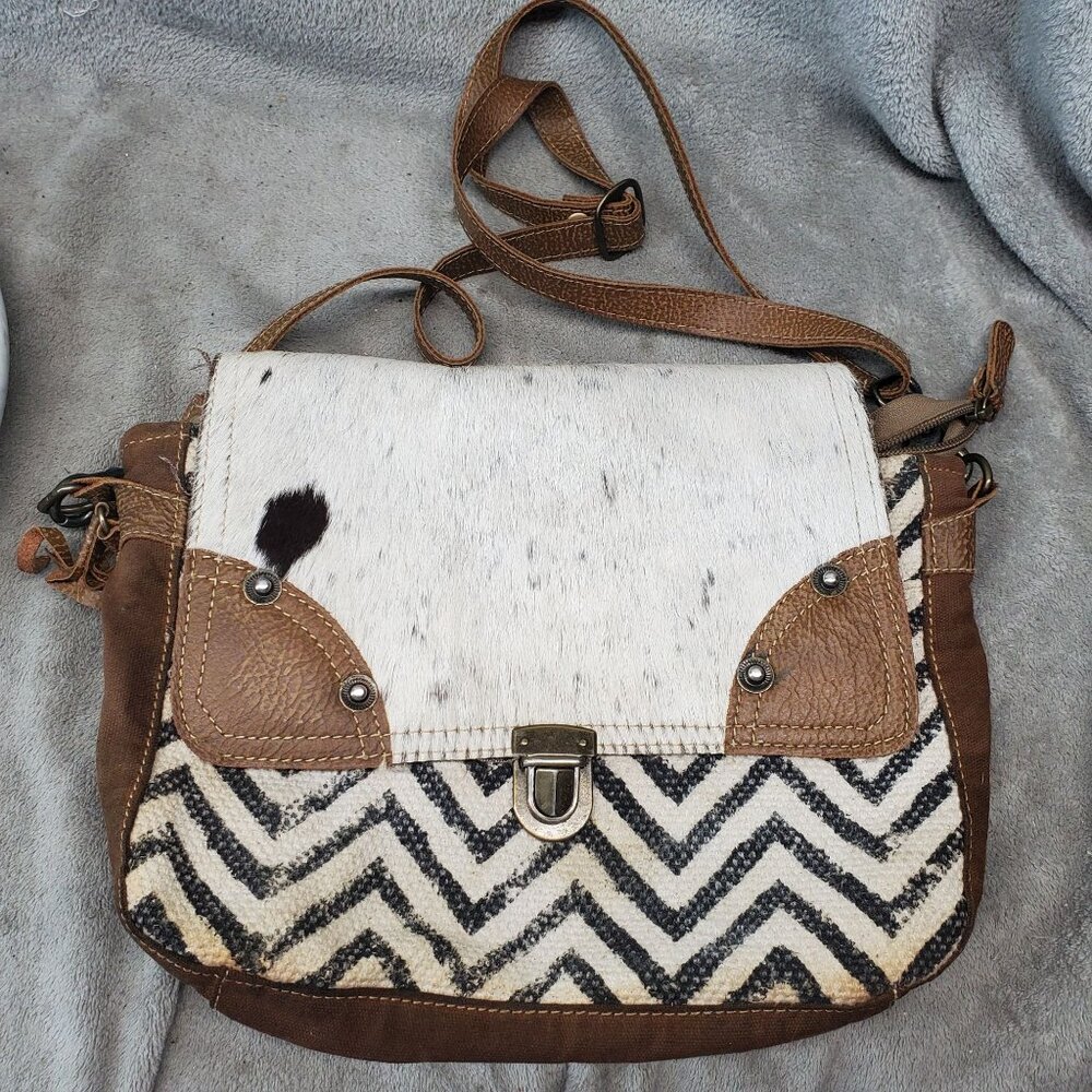 Myra Bag Purse Womens Upcycled Hair-On Leather & Cotton Canvas Sling Bag *Read*